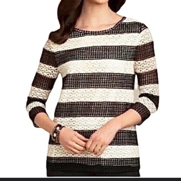 Talbots Tops - Talbots Crochet‎ Lace Overlay Striped Blouse Top Black Ivory Lined 3/4 Sleeves M